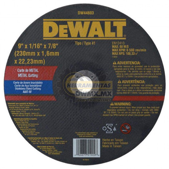 DISCO DE CORTE LINEA NEGRA 9-1/16" PARA CORTE DE METAL DEWALT DW44603